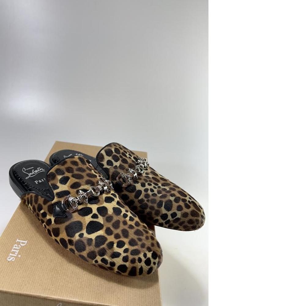Coolito Swing Pony Fur Spike Buckle Leopard Mules Slide Flats E108